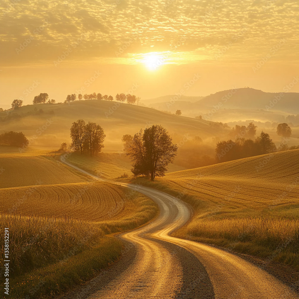 Fototapeta premium Winding road through golden fields at sunrise