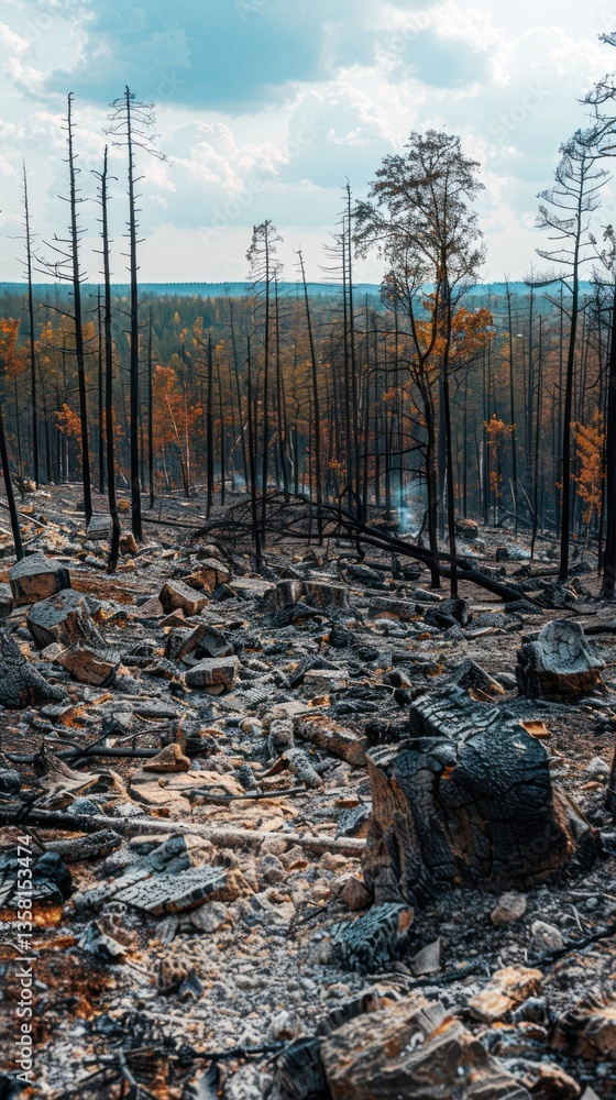 Burnt forest landscape after wildfire, charred trees and rocks Burnt forest landscape after wildfire, charred trees and rocks