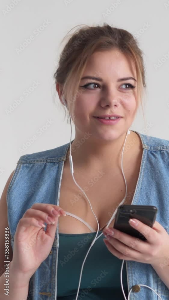 Joyful woman sings, dancing to music, and uses phone during leisure time on a white background, radiating happiness and fun. Vertical video. Joyful woman sings, dancing to music, and uses phone during leisure time on a white background, radiating happiness and fun. Vertical video.