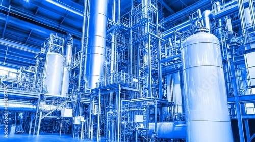 Industrial plant interior with metallic pipes, tanks, and structures, blue lighting, modern architecture