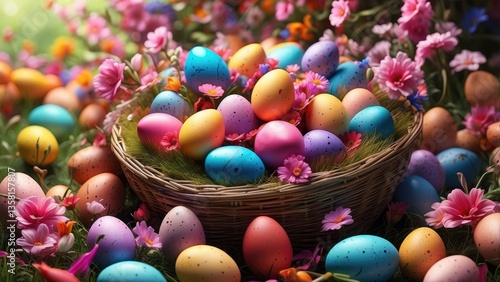 "Easter Bliss: Pastel Eggs and Blossoms on Teal – Ideal for Spring Sales and Festive Celebrations with Ample Copy Space"