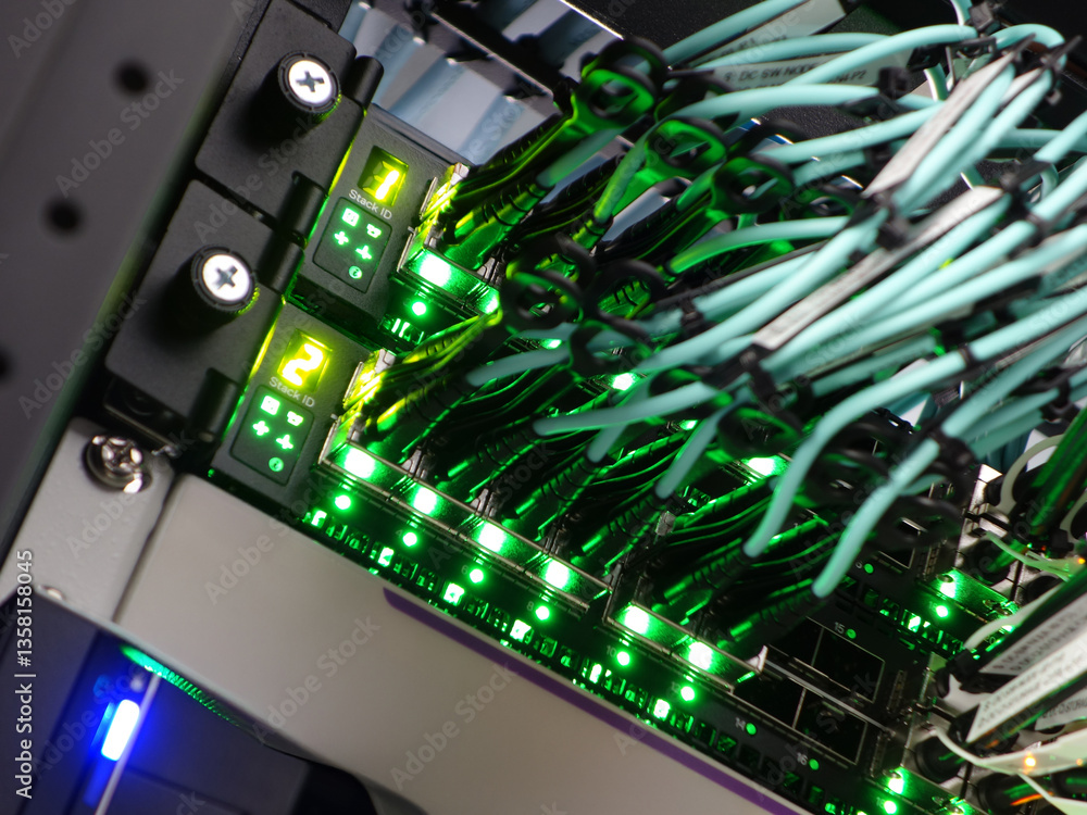 Detailed View of Server Rack with Illuminated Network Connections