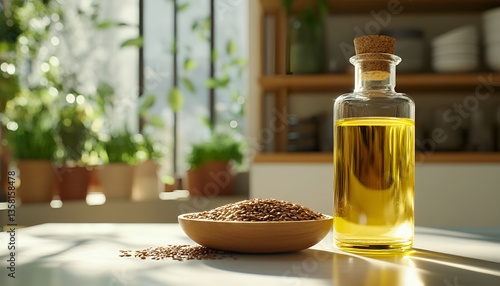 Clear glass bottle of flaxseed oil in bright modern kitchen. concept of health benefits, natural ingredients, culinary use, organic cooking