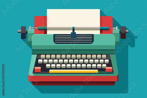 A colorful customizable typewriter sits with a blank sheet, inviting thoughts and creative writing, Typewriter Customizable Semi Flat Illustration