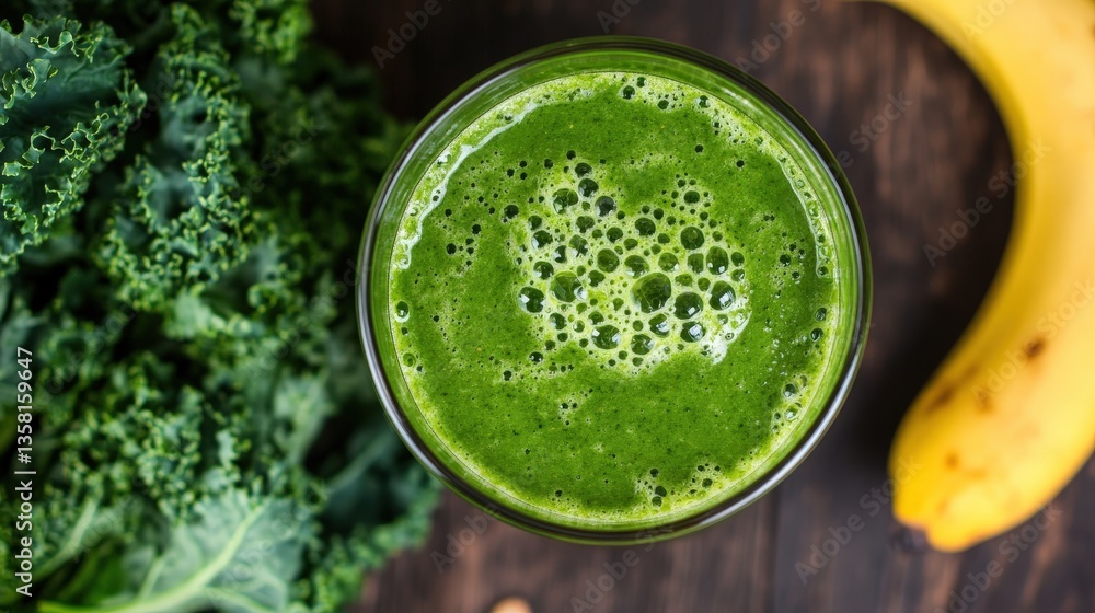A green smoothie drink beside kale leaves and banana fruit A green smoothie drink beside kale leaves and banana fruit