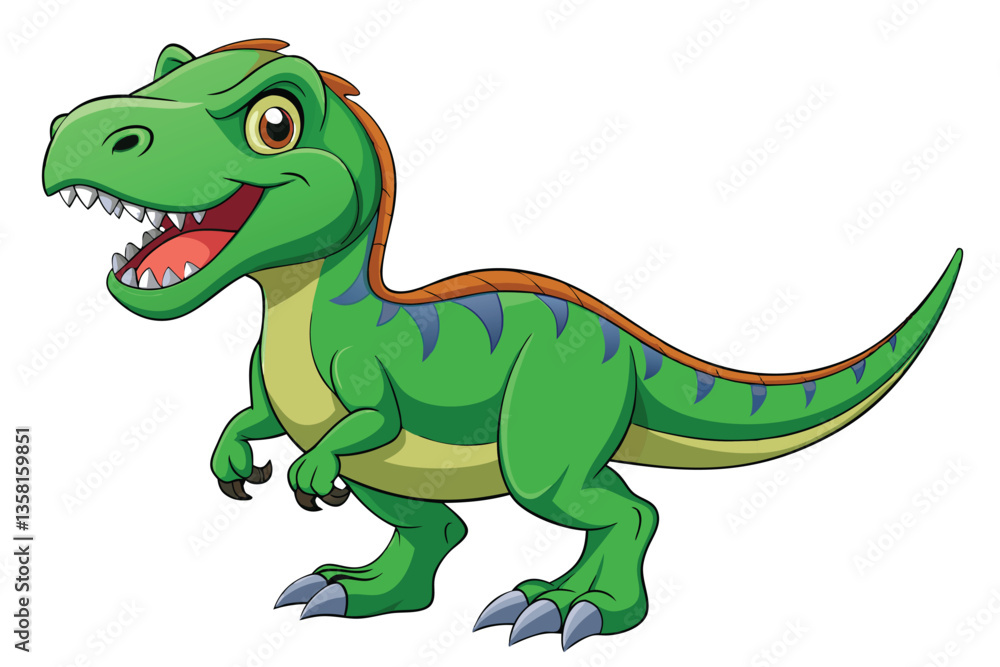Fototapeta premium A cheerful cartoon tyrannosaurus stands proudly, showcasing its bright green body and playful demeanor, Tyrannosaurus cartoon isolated on white background