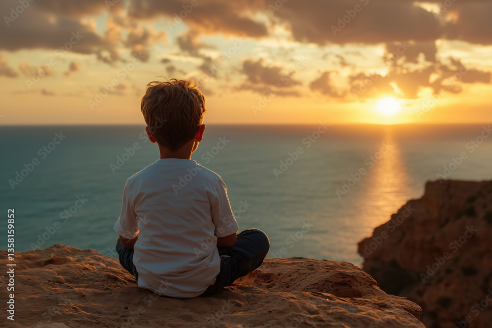 A Young Boy Contemplates Life's Journey at Sunset by the Ocean A Young Boy Contemplates Life's Journey at Sunset by the Ocean
