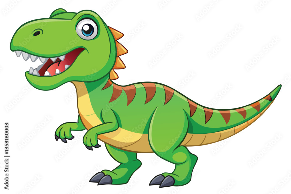 Obraz premium A cheerful cartoon tyrannosaurus with green scales and bright eyes stands smiling on a white background, Tyrannosaurus cartoon on white background