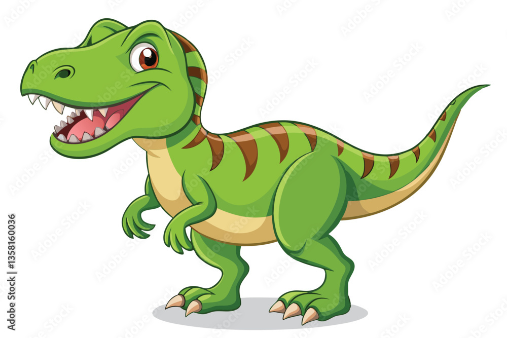 Fototapeta premium A cartoon representation of a tyrannosaurus with a bright smile and green scales playfully displaying its personality, Tyrannosaurus cartoon on white background