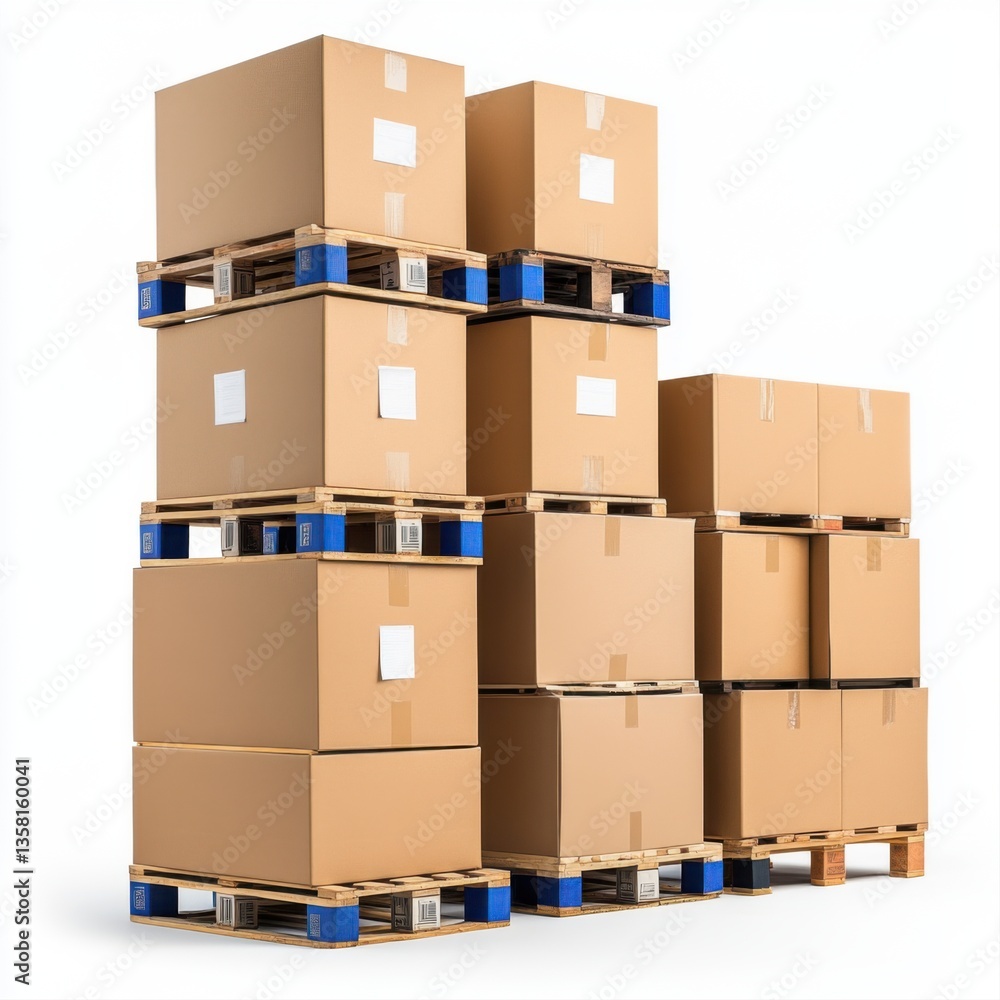 Stacked Cardboard Boxes on Wooden Pallets in a Warehouse Storage Environment with Clean Background Stacked Cardboard Boxes on Wooden Pallets in a Warehouse Storage Environment with Clean Background