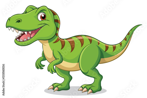 A cartoon representation of a tyrannosaurus with a bright smile and green scales playfully displaying its personality, Tyrannosaurus cartoon on white background