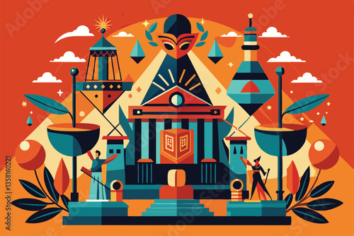 This artwork creatively depicts themes of tyranny through bold colors and historical symbols in a gallery, Tyranny and art, Art object for gallery, exhibition or museum,