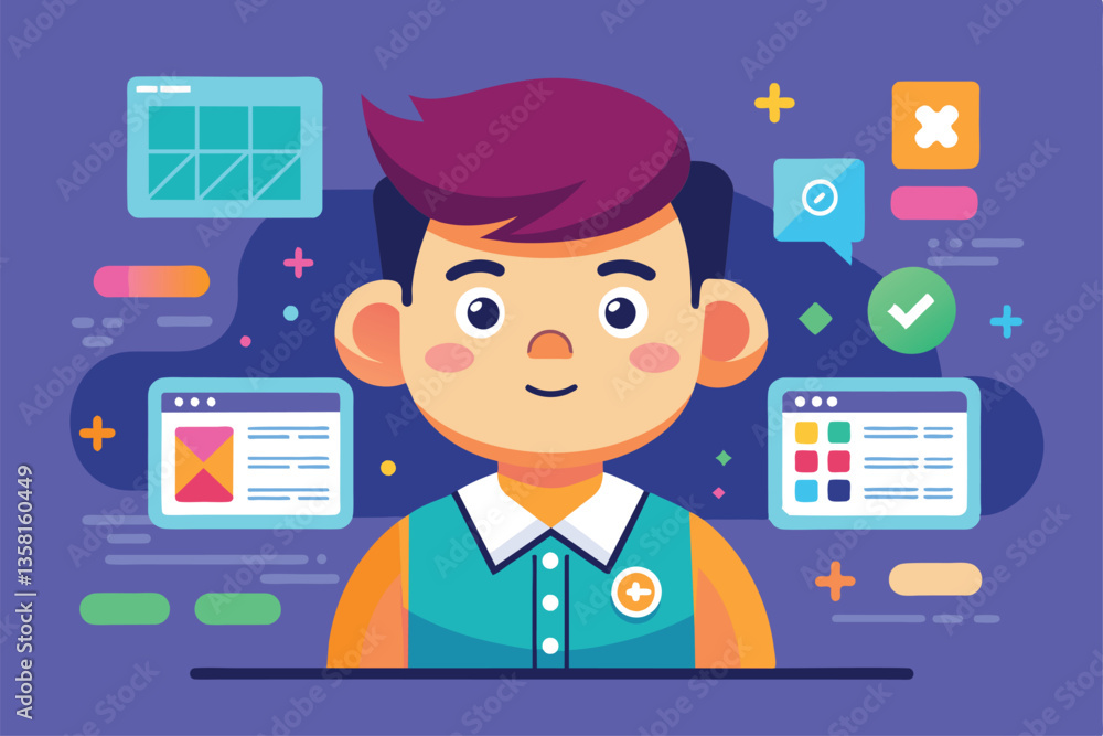 A cartoon character represents a user interface designer surrounded by colorful design elements and tools, Ui-ux design Customizable Cartoon Illustration A cartoon character represents a user interface designer surrounded by colorful design elements and tools, Ui-ux design Customizable Cartoon Illustration