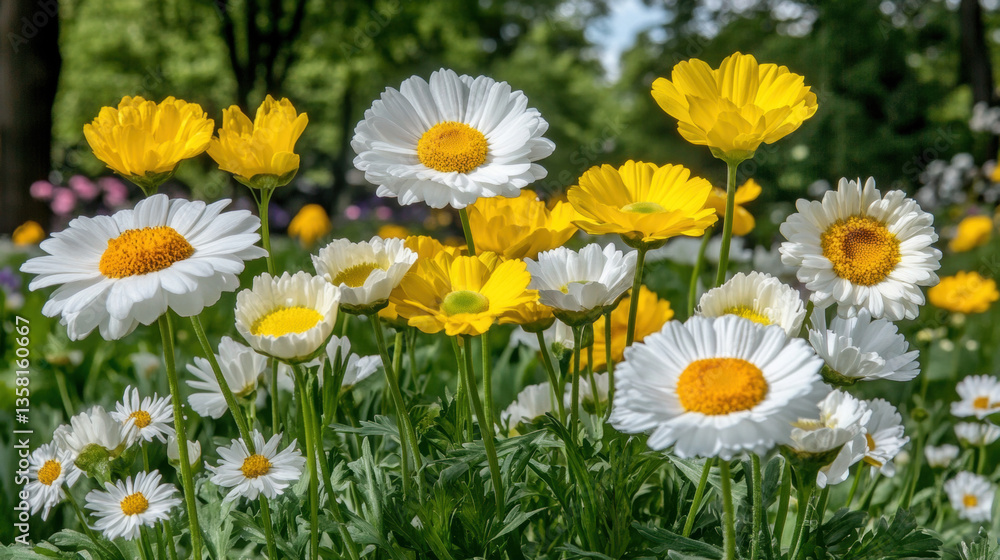Fototapeta premium Vibrant Blooming Field of White and Yellow Flowers - Serenity