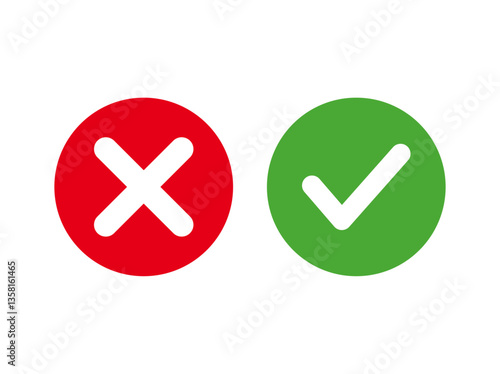 Green check mark, red cross, x mark icon, set of flat rounded right and wrong vector sign. Yes and no buttons, right and wrong or approved and declined round icons, vector illustration