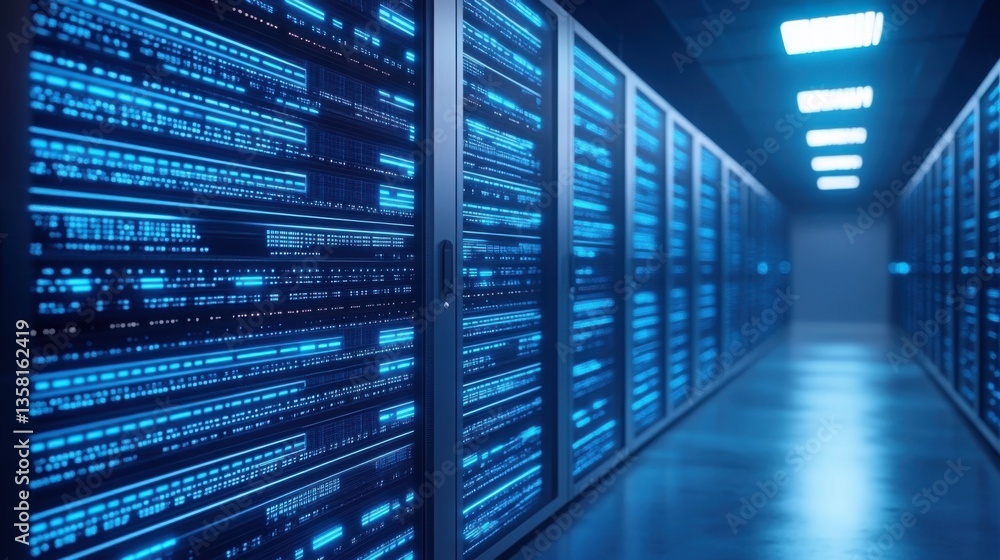 Modern Data Center with Rows of High-Tech Server Racks Illuminated in Blue and Bright Artificial Lighting Modern Data Center with Rows of High-Tech Server Racks Illuminated in Blue and Bright Artificial Lighting