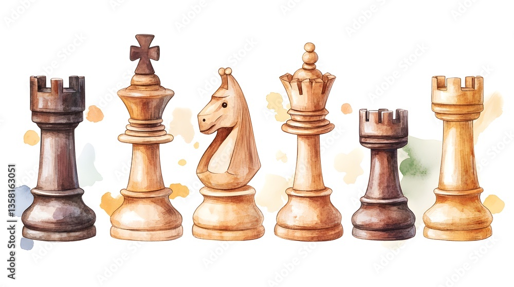 Elegant Watercolor Chess Set with Wooden Chess Pieces for Creative Projects Elegant Watercolor Chess Set with Wooden Chess Pieces for Creative Projects