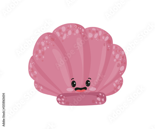 Vector illustration of a pink seashell with a cute face.