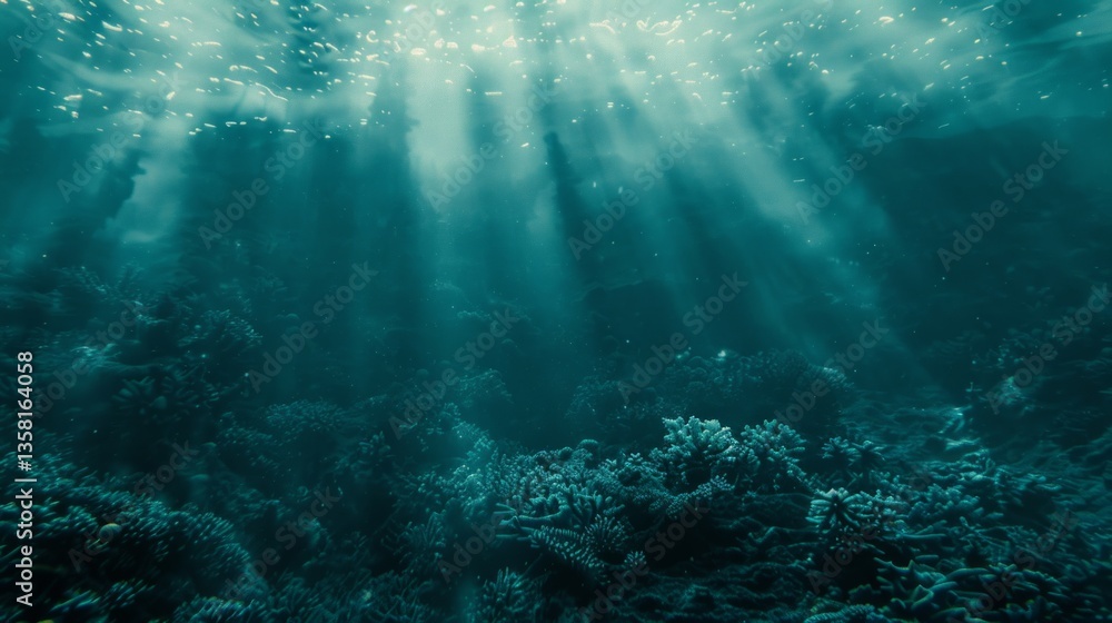 Fototapeta premium Underwater Coral Reef Scene: Sun Rays & Marine Life - Stock Photo