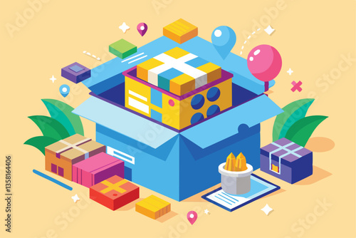 Brightly colored boxes are being unboxed, revealing customizable features and playful design elements, Unboxing Customizable Flat Illustration