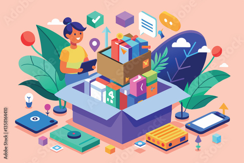 A person excitedly unboxes various customizable items surrounded by colorful decorations and plants, Unboxing Customizable Disproportionate Illustration
