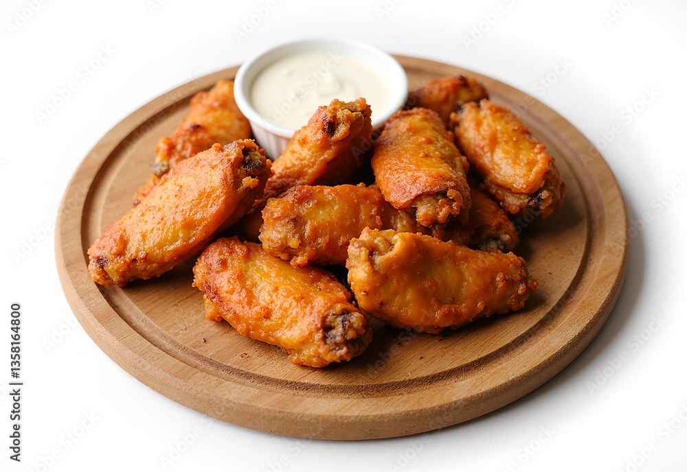 Appetizing Fried Chicken Wings: A delectable arrangement of golden-brown, crispy fried chicken wings on a rustic wooden board, accompanied by a creamy dipping sauce. Appetizing Fried Chicken Wings: A delectable arrangement of golden-brown, crispy fried chicken wings on a rustic wooden board, accompanied by a creamy dipping sauce.