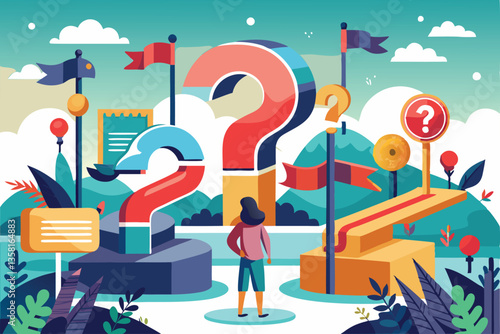 A person stands before a striking art installation filled with colorful question marks and flags, evoking uncertainty, uncertainty and confusion, Poster or banner,