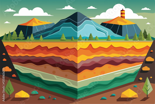 A visual representation of Earth's layers highlighting geological formations and mountains, Under earth layer concept,
