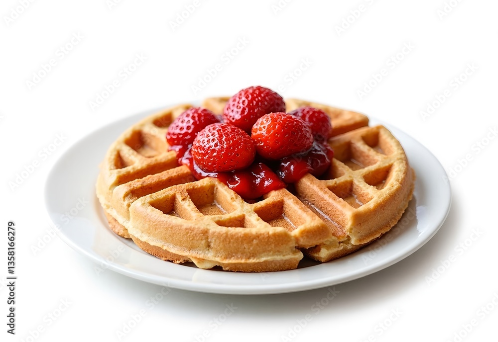 Waffle topped with strawberries: A golden-brown waffle, meticulously crafted, is crowned with a luscious medley of ripe strawberries and syrup. A delectable treat. Waffle topped with strawberries: A golden-brown waffle, meticulously crafted, is crowned with a luscious medley of ripe strawberries and syrup. A delectable treat.