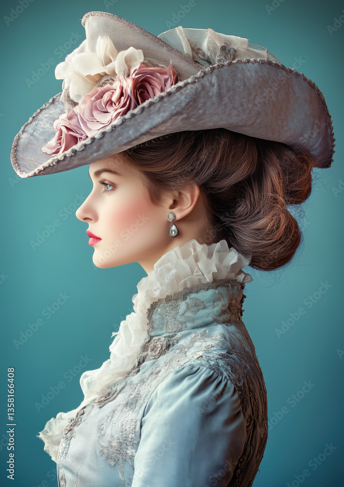 Young woman in elegant Victorian era clothing and hat, studio photo from side. Generative AI