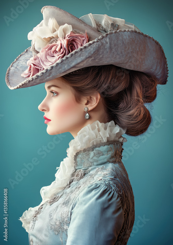 Obraz na płótnie Young woman in elegant Victorian era clothing and hat, studio photo from side. Generative AI w salonie