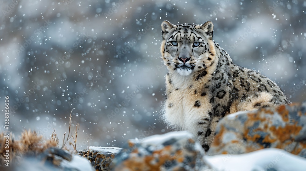 Fototapeta premium Stunning snow leopard camouflaged against the rocky snow covered mountains of the Himalayas Its piercing blue eyes gaze into the distance as snowflakes gently fall