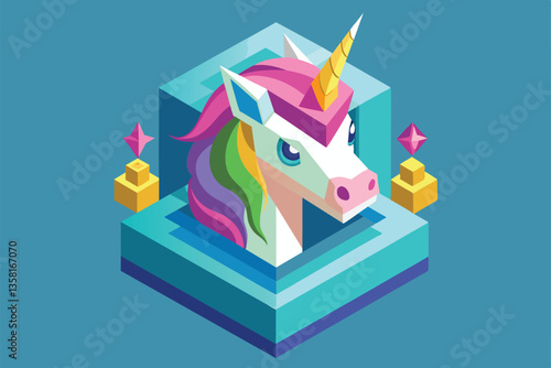 The unicorn head features vibrant colors and playful geometric shapes, perfect for customization and fun, Unicorn head Customizable Isometric Illustration