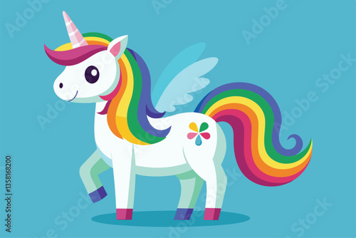 A cheerful unicorn stands with a vibrant rainbow mane and wings against a bright blue background, Unicorn with rainbow Customizable Disproportionate Illustration