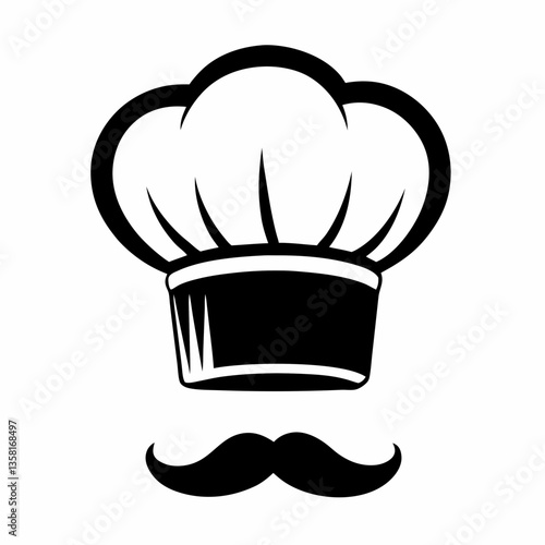 Chef’s hat and mustache icon in black vector style on white evokes culinary profession and food branding. Concept: restaurant identity, cooking blog visuals, food delivery brand.