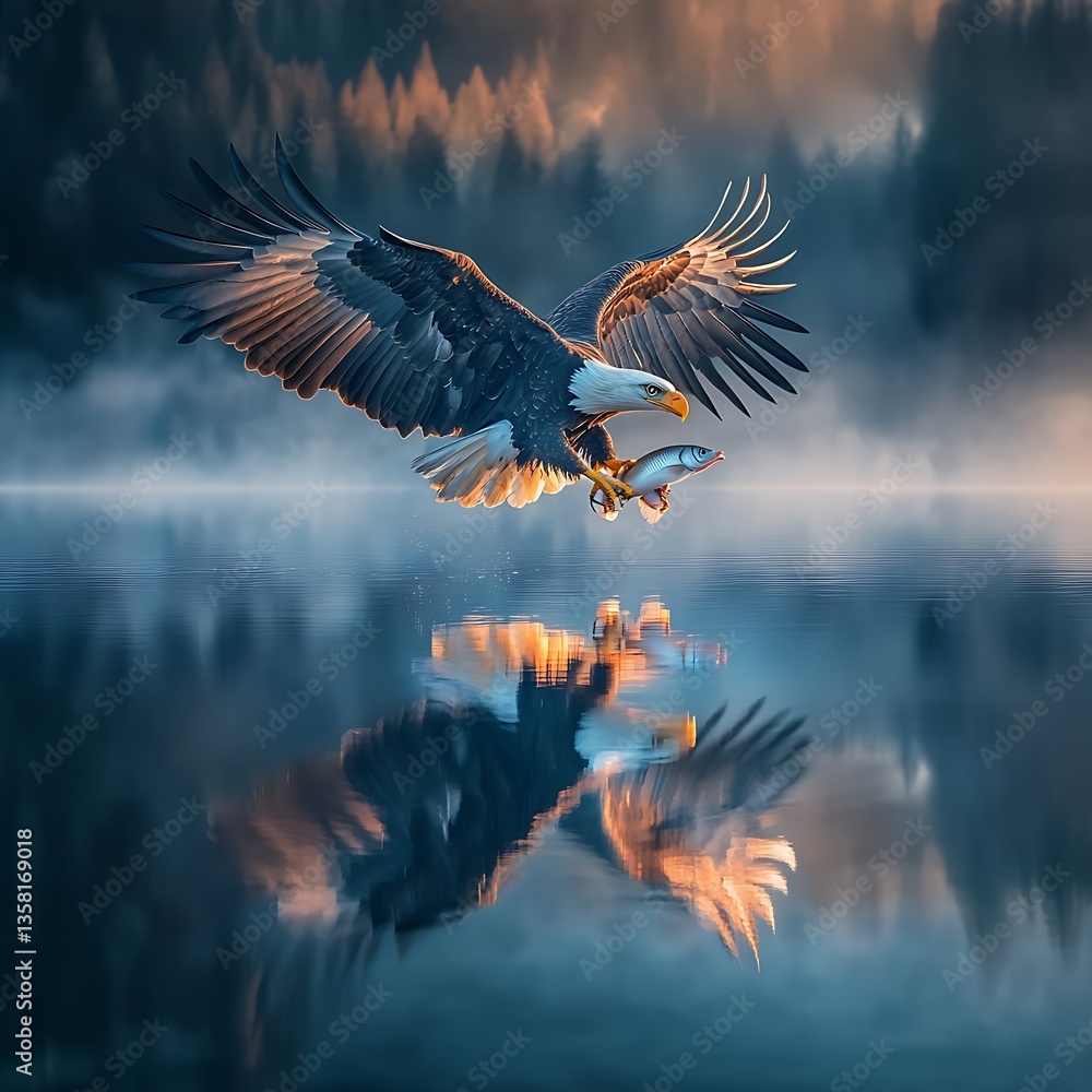 Obraz premium Bald eagle diving to catch fish in tranquil lake image