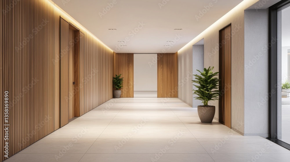 Fototapeta premium Luxury home minimalist and exclusive, A modern hallway featuring wooden accents, sleek lighting, and potted plants, creating a warm and inviting atmosphere.