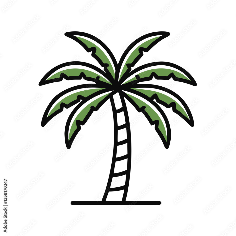 Palm tree illustration with textured trunk and green fronds. Simple line-art style tropical plant. Concept: travel brochure, beach resort, summer clothing brand. Palm tree illustration with textured trunk and green fronds. Simple line-art style tropical plant. Concept: travel brochure, beach resort, summer clothing brand.