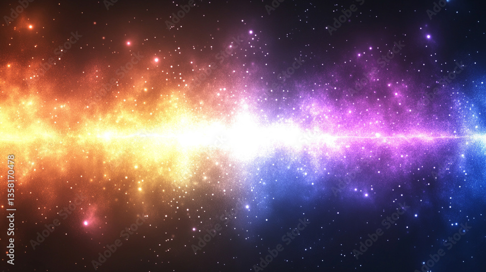 Naklejka premium glowing horizontal line of blue and orange light at the horizon against a black background symbolizes the intersection of technology and nature in a futuristic, minimalistic sci-fi design with a blank