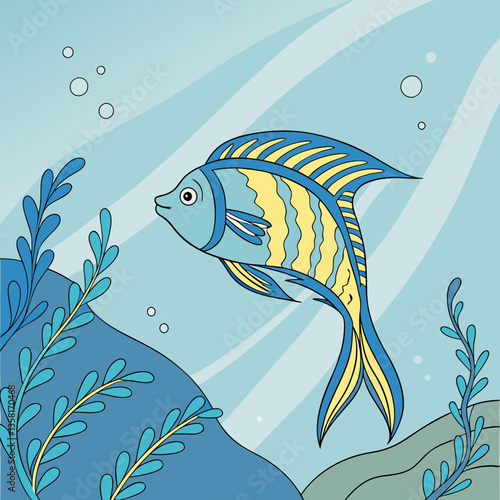 Stylized blue and yellow fish swimming among underwater plants. Bright marine illustration with light rays. Concept: aquarium, children's books, marine conservation.