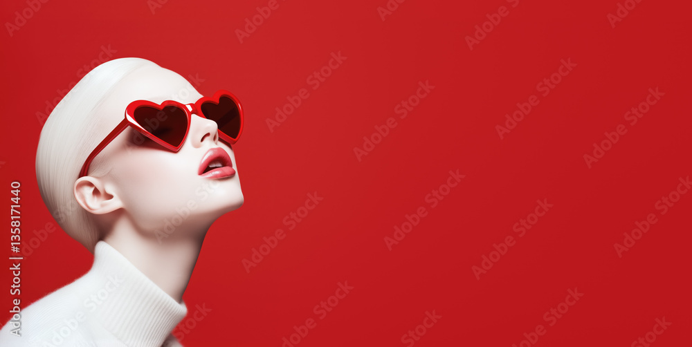Blonde or white albino hair woman wearing heart shaped sunglasses, fashion studio photo copy space on side. Generative AI