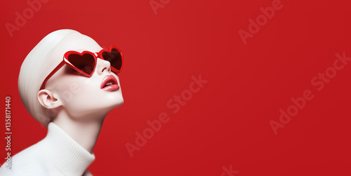 Obraz na płótnie Blonde or white albino hair woman wearing heart shaped sunglasses, fashion studio photo copy space on side. Generative AI w salonie