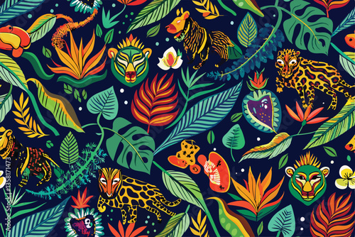Wallpaper Mural A vibrant textile showcases intricate patterns of wild animals and lush flora in a jungle setting, Unusual patterns for printing on fabric, Torontodigital.ca