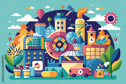 A lively cityscape illustrates custom upcycling processes through fun, disproportionate designs and vibrant colors, Upcycle Customizable Disproportionate Illustration