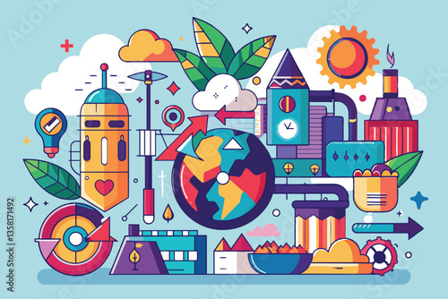 An imaginative illustration features diverse upcycled elements, combining colors and patterns in unique art, Upcycle Customizable Disproportionate Illustration