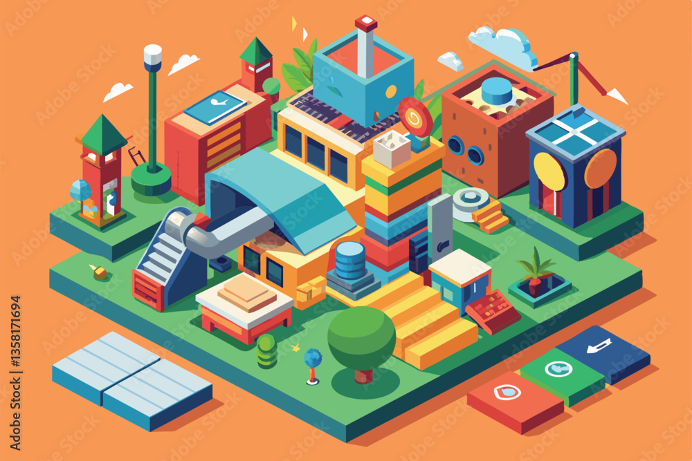This colorful isometric design features various customizable buildings, blending nature and creativity, Upcycle Customizable Isometric Illustration This colorful isometric design features various customizable buildings, blending nature and creativity, Upcycle Customizable Isometric Illustration