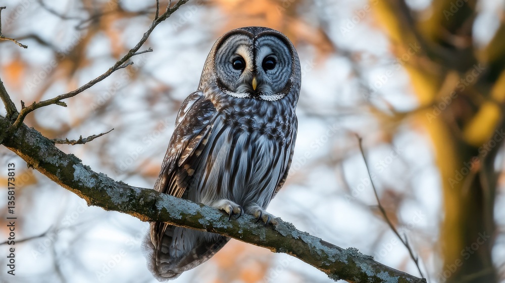 A majestic owl perched on a tree branch in nature A majestic owl perched on a tree branch in nature