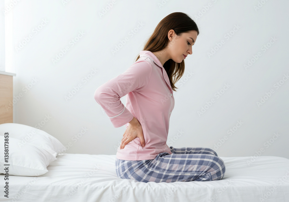 Woman experiencing back pain while sitting on bed. Health, discomfort, and wellbeing issues concept. Woman experiencing back pain while sitting on bed. Health, discomfort, and wellbeing issues concept.