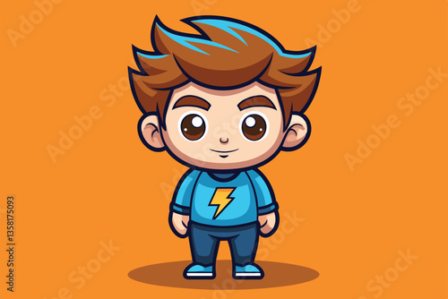 A cheerful cartoon character stands confidently with a playful expression against a bright orange backdrop, Urgent Customizable Cartoon Illustration