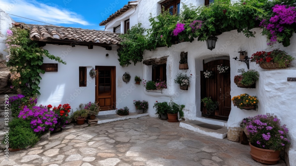 Naklejka premium Whitewashed Spanish courtyard with vibrant flowers